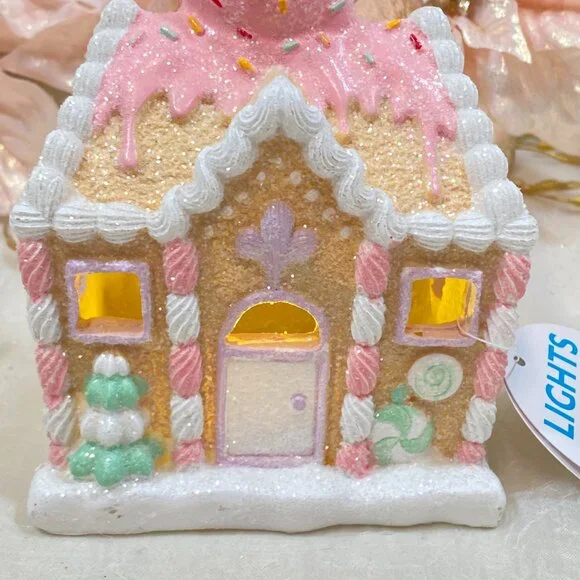 Pastel Holiday Christmas Gingerbread Ice Cream Shop Pink Led Light Up House - Picture 4 of 7